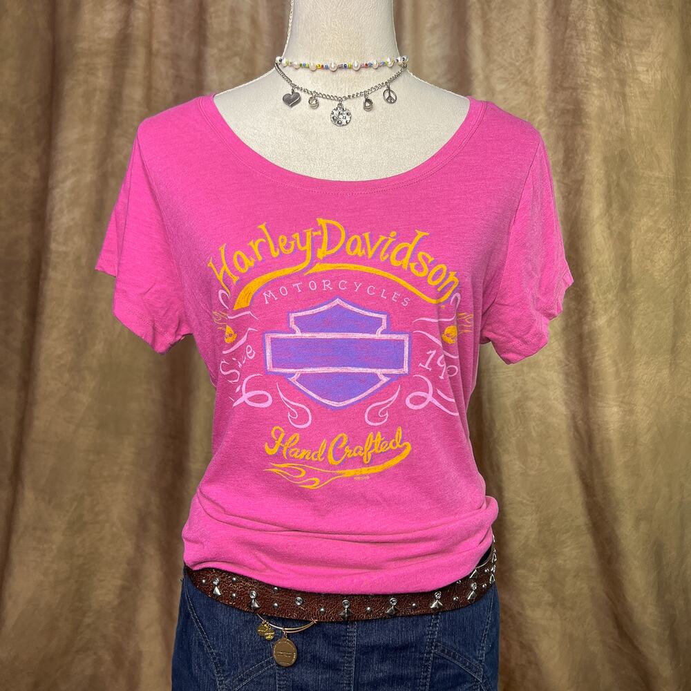 Harley Davidson Baby Tee Motorcycles Pink Multicolor Skull Graphic T-Shirt Y2K